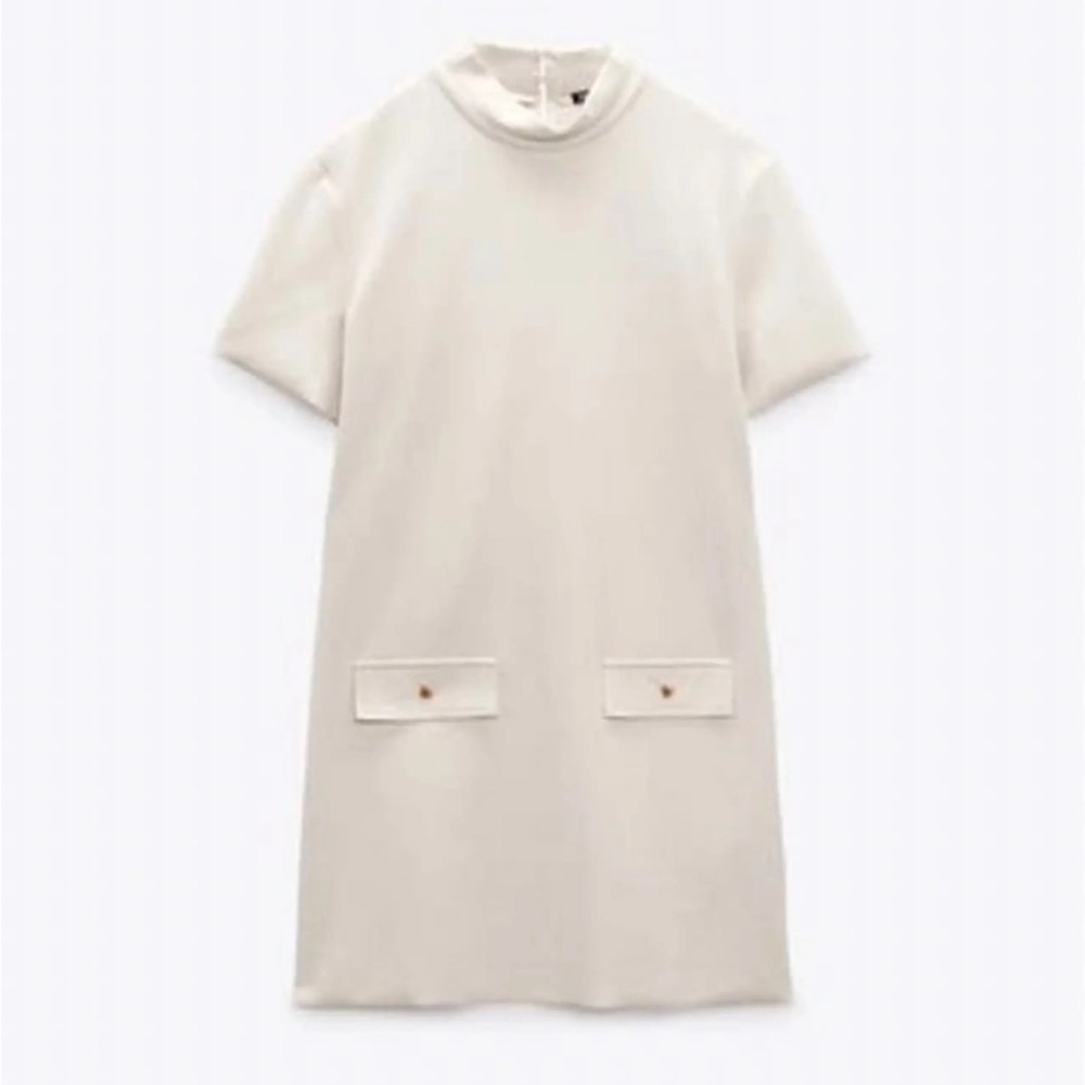 Zara Minimalist Cream High-Neck Short Sleeve Work Dress